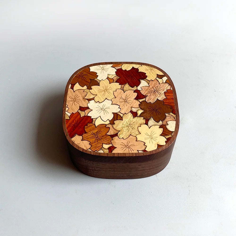 Laya walnut jewelry box with mixed blossom wood inlay