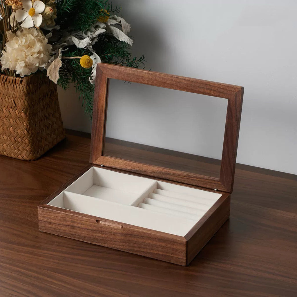 Open walnut Giselle jewelry box with glass lid