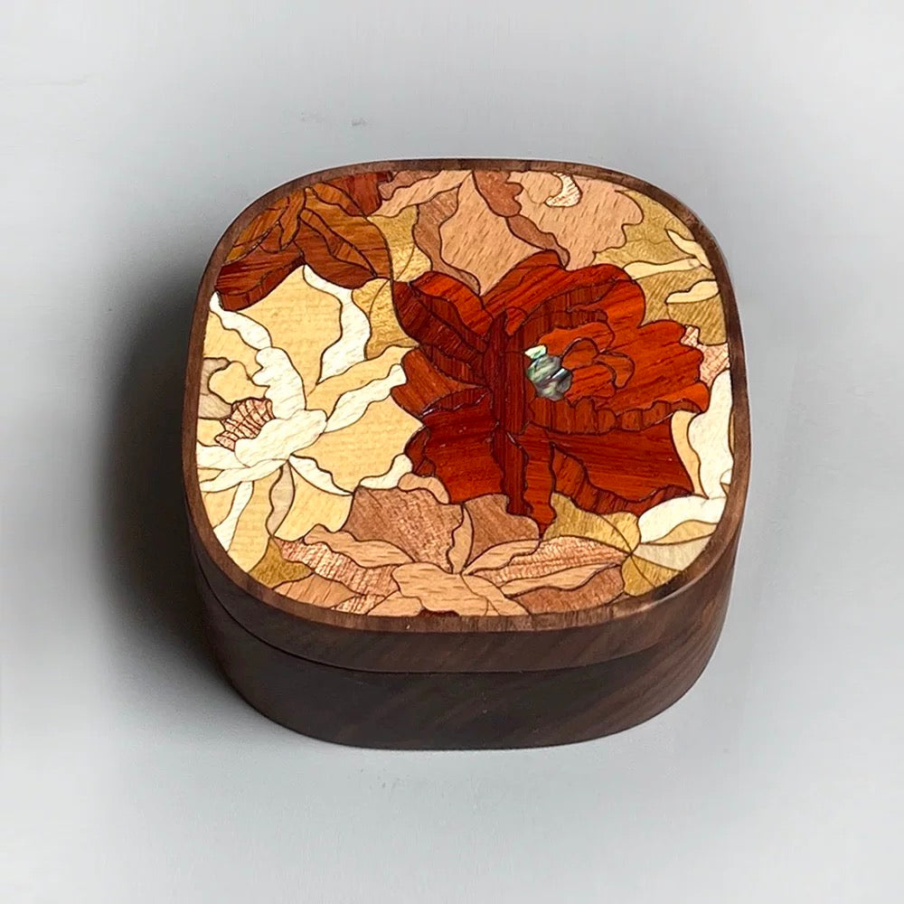Laya walnut jewelry box with red peony wood inlay