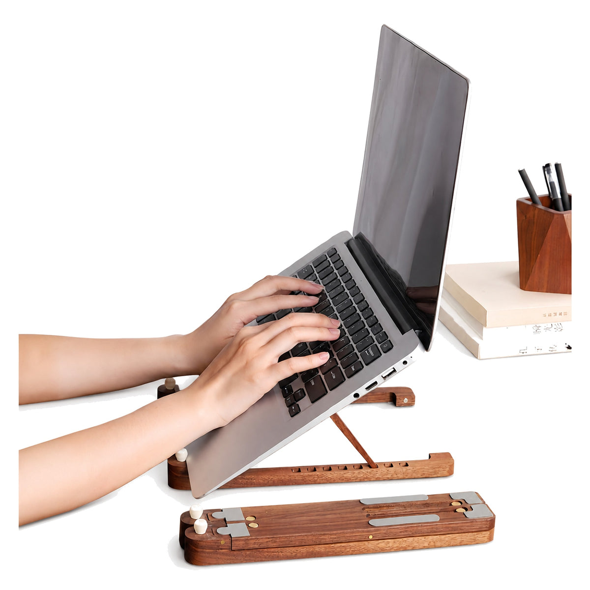 NoteFlex Walnut Adjustable Laptop Holder on a pure white background