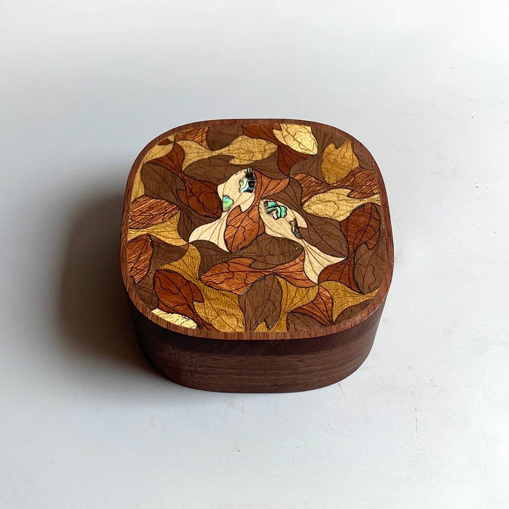 Laya walnut jewelry box with bird and leaf wood inlay