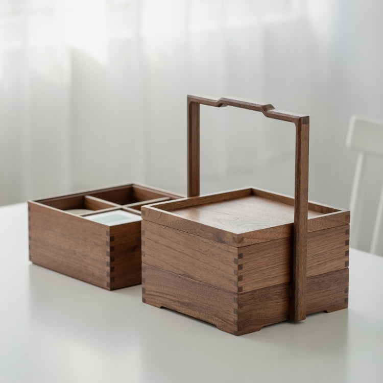 Clef tiered walnut storage caddies on a tabletop