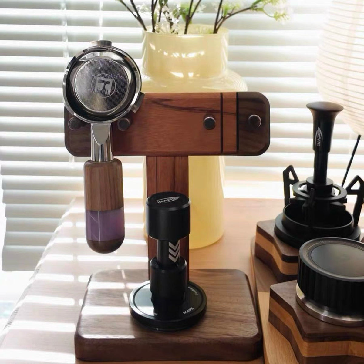 Walnut wood stand for espresso portafilter storage