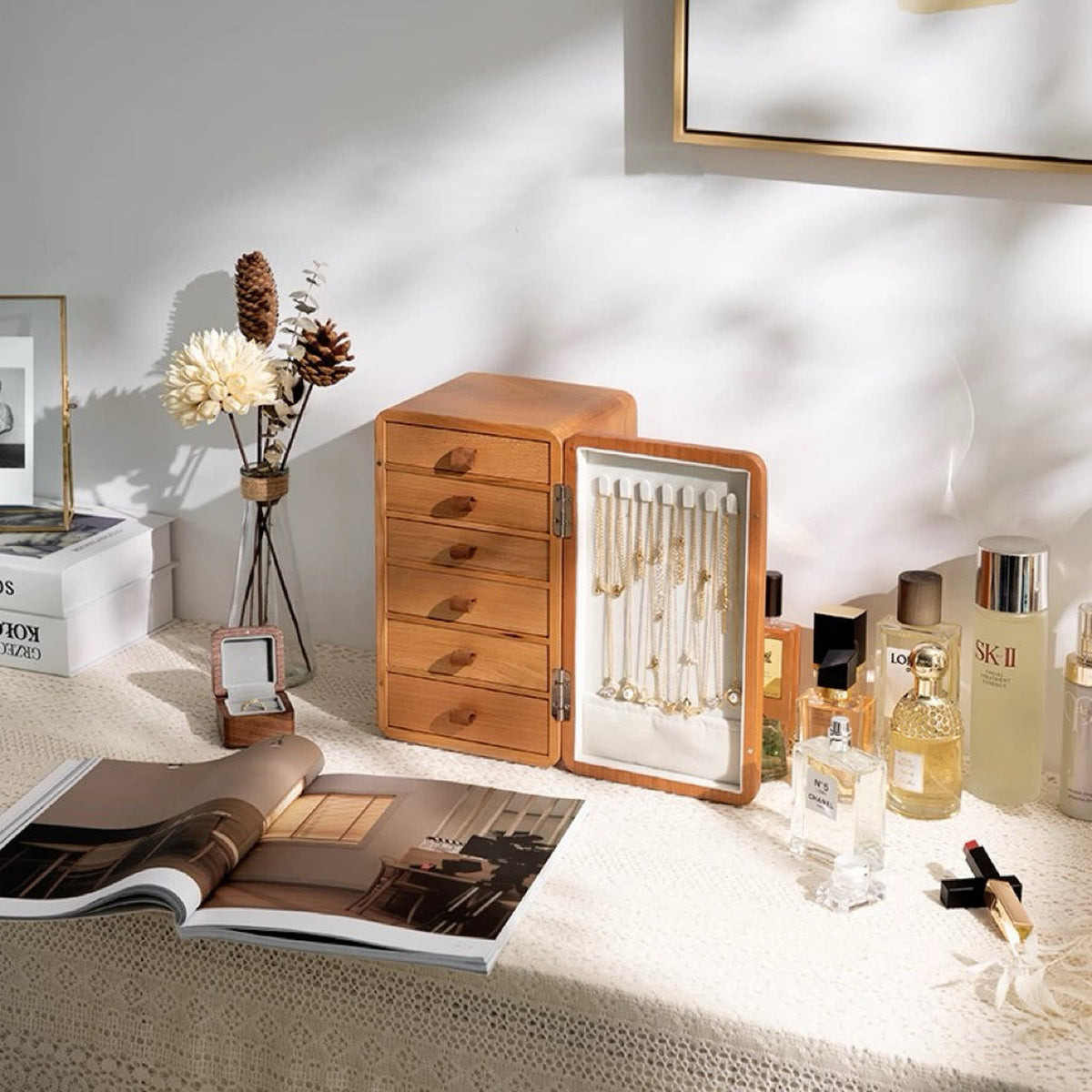 Prestige cherry jewelry chest with multiple compartments