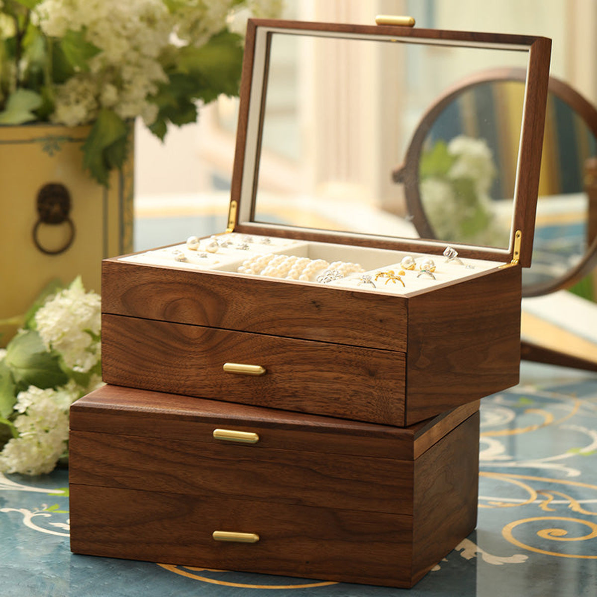 Theresa Dual-Layer Walnut Jewelry Box