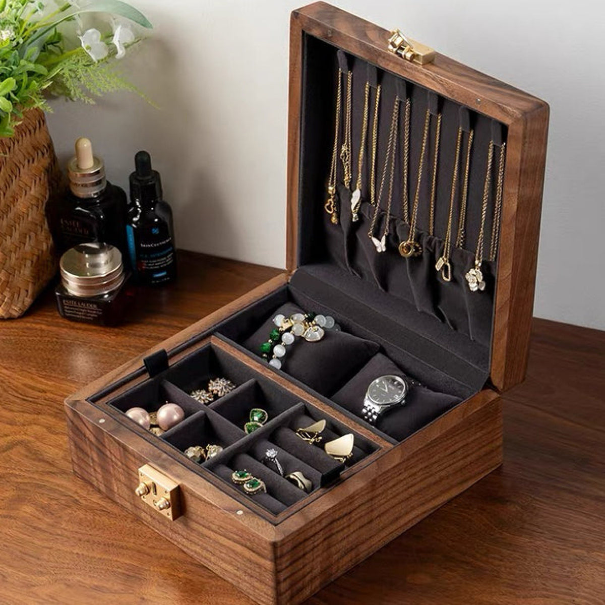Talina Two-Layer Square Walnut Jewelry Box