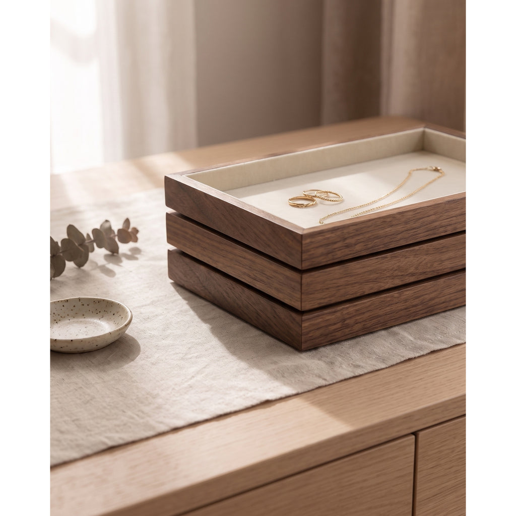 Three walnut jewelry trays stacked flush on a dresser, about three inches tall in total