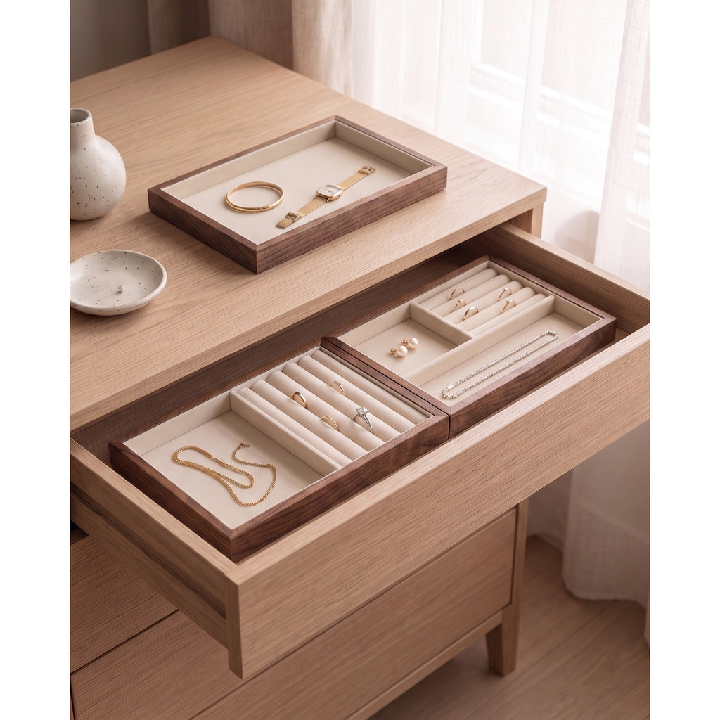 Two walnut jewelry trays side by side in a dresser drawer with a third on the dresser top