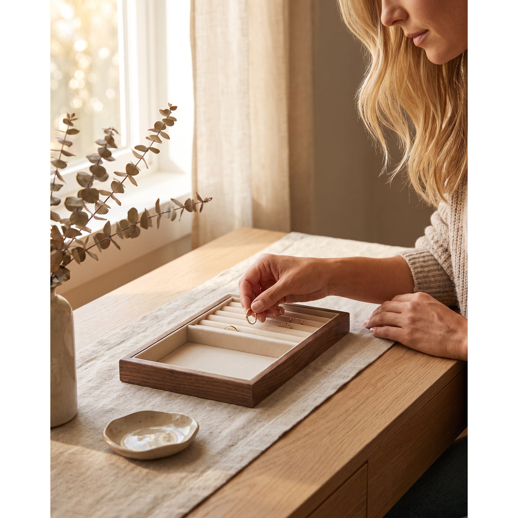 Walnut stackable jewelry tray insert being placed on a dresser top