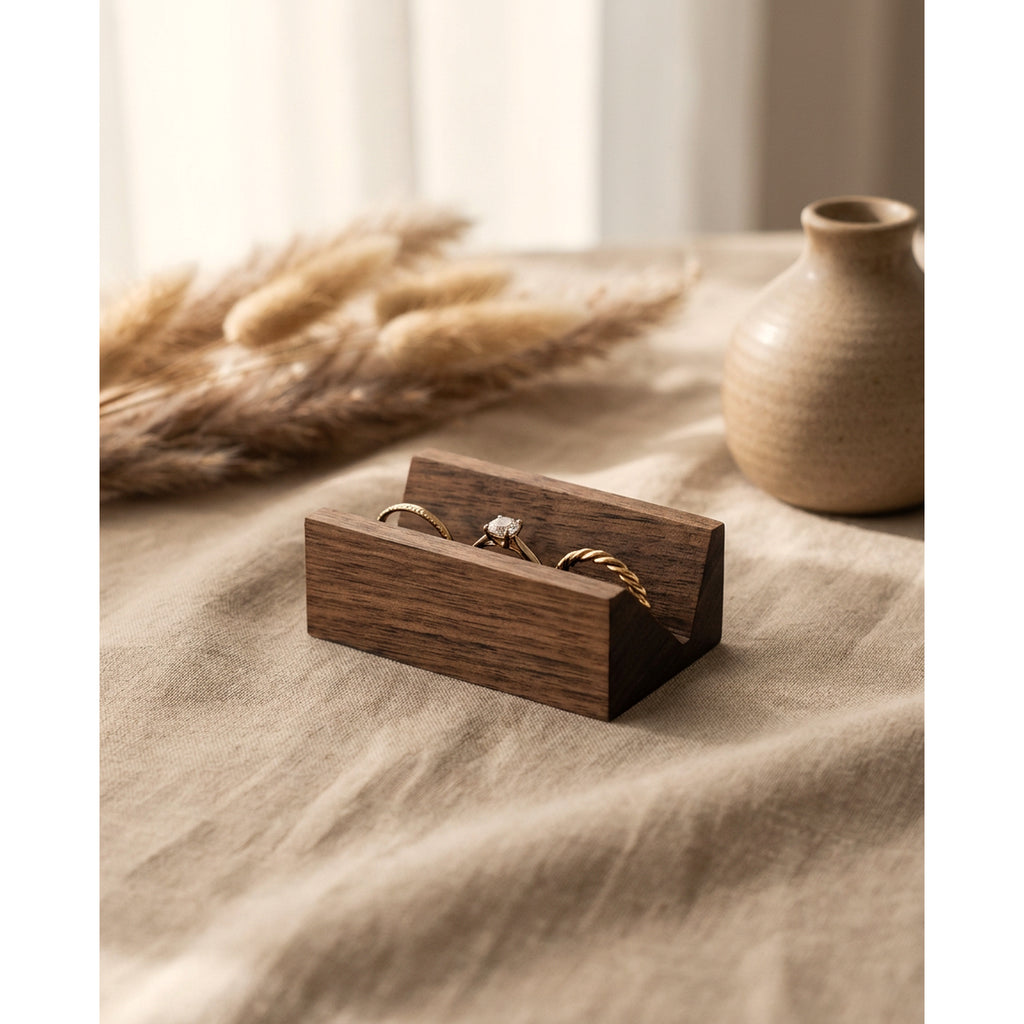 Walnut wood ring display stand with front slot and open top