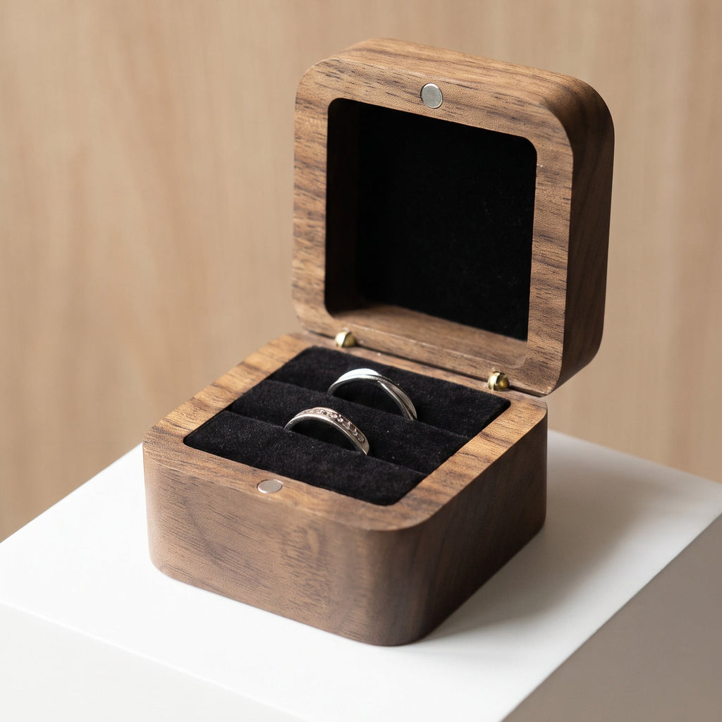 Solid walnut engagement ring box with two wedding rings on velvet