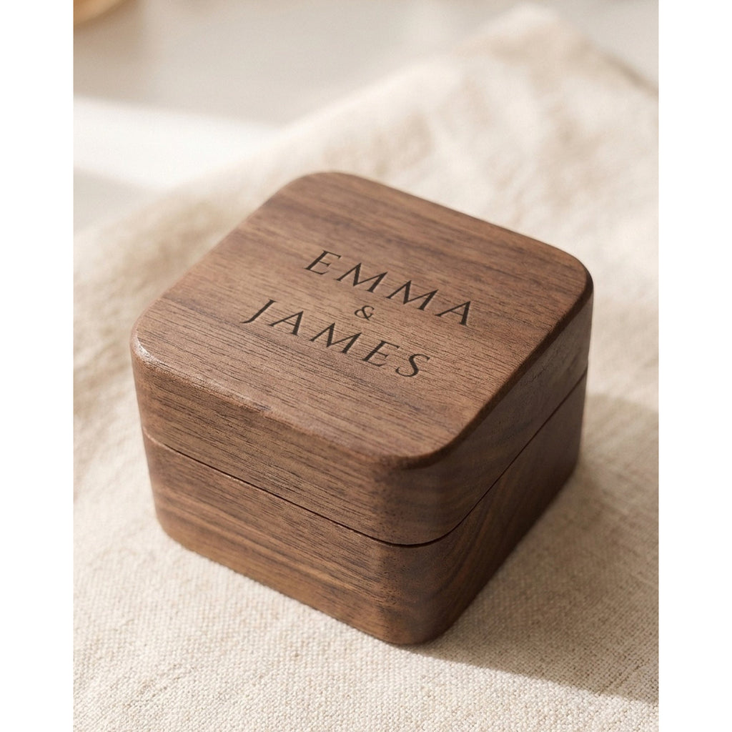 Walnut ring box lid engraved with two names, free custom engraving