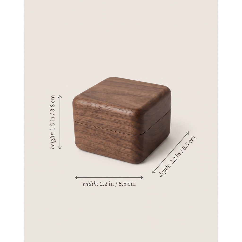 Walnut ring box dimensions: 2.2 in wide, 1.5 in high, 2.2 in deep (5.5 x 3.8 x 5.5 cm)