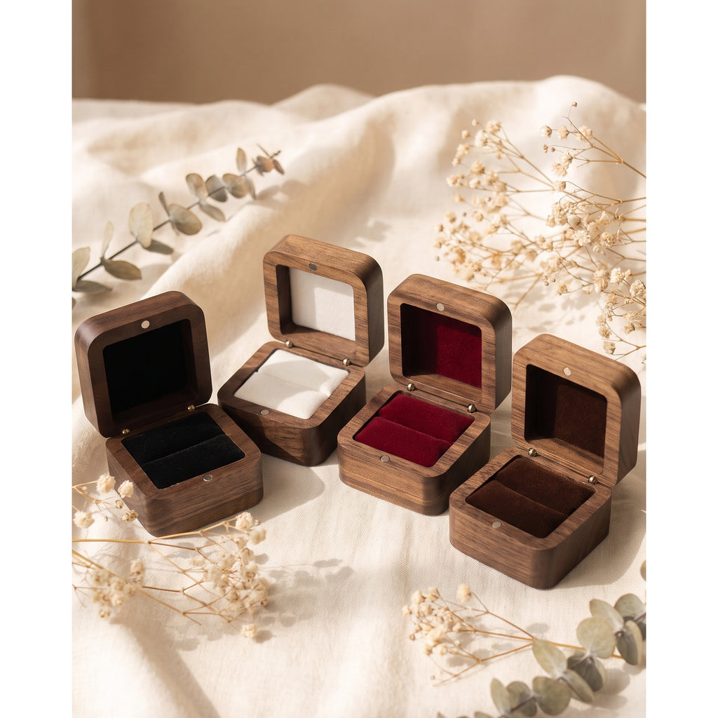 Walnut ring boxes with velvet-lined single slots in black, white, wine red, and coffee