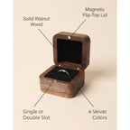 Walnut ring box features: solid walnut, magnetic flip-top lid, single or double slot, four velvet colours