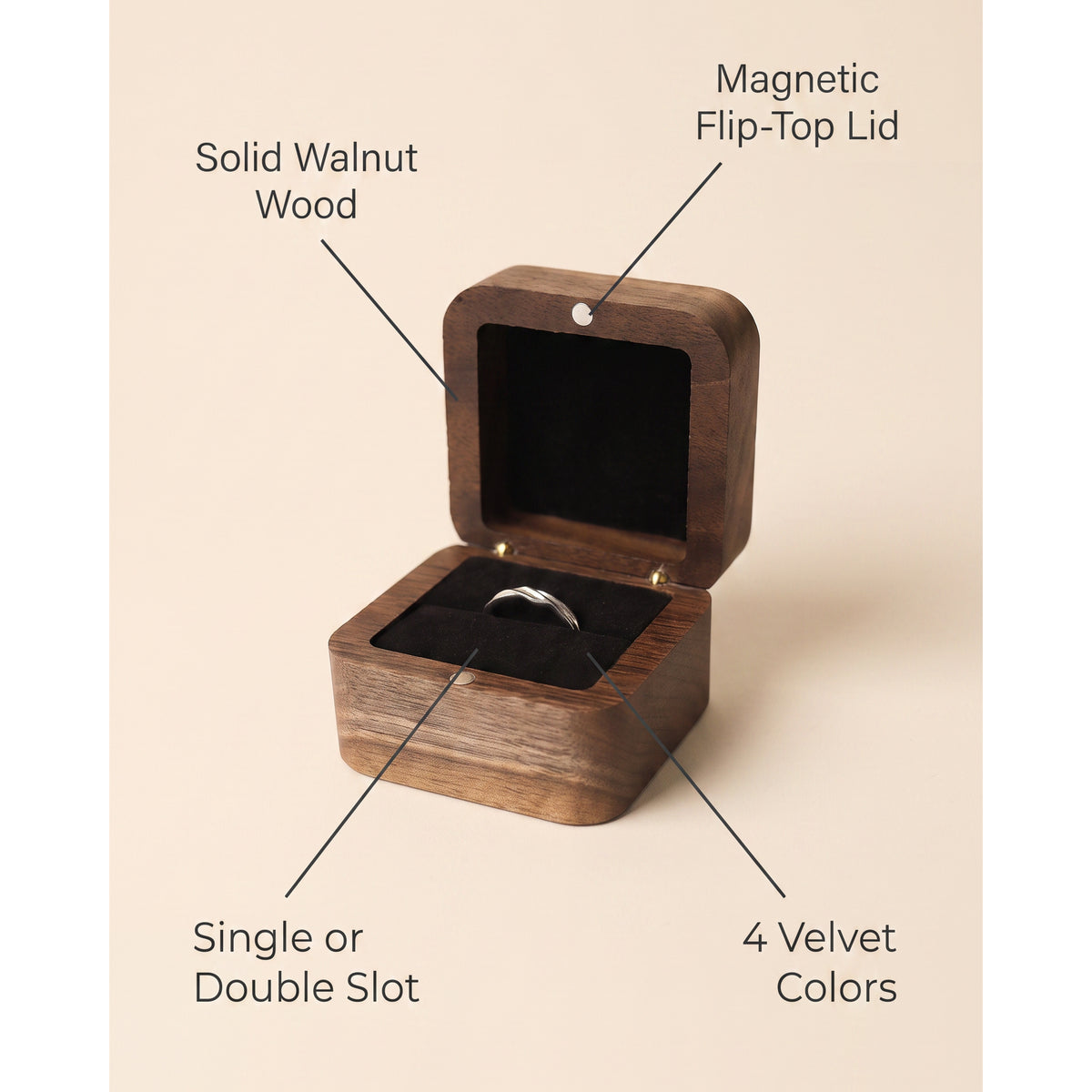 Walnut ring box features: solid walnut, magnetic flip-top lid, single or double slot, four velvet colours