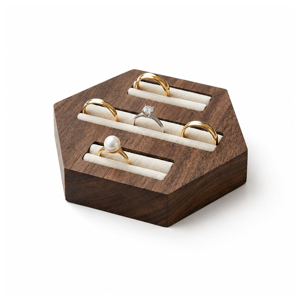 Solid Walnut Hexagon Ring Display Stand – 3 Velvet Channels