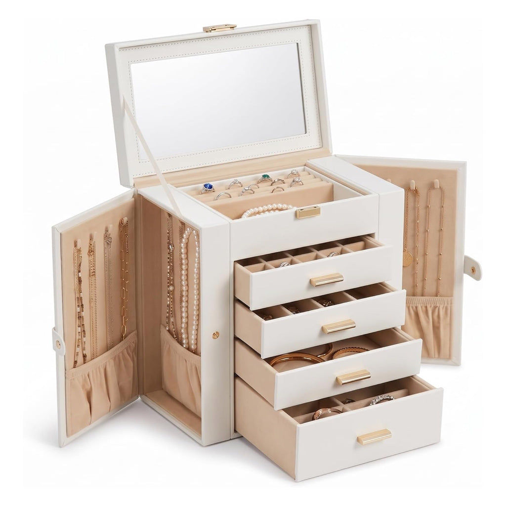 GZJSLOVE white jewelry box with mirror and side necklace storage