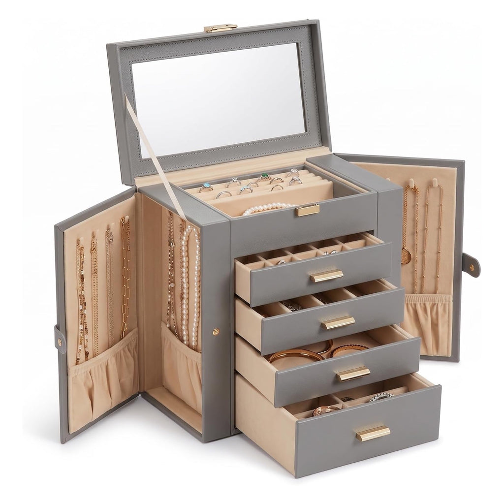 GZJSLOVE gray jewelry box with mirror and open drawers