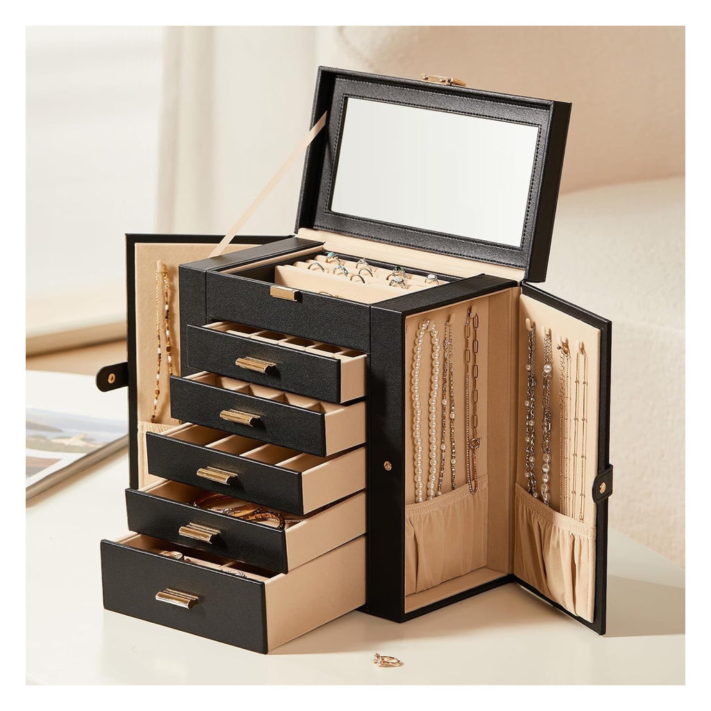 GZJSLOVE black jewelry box with mirror and additional drawer storage