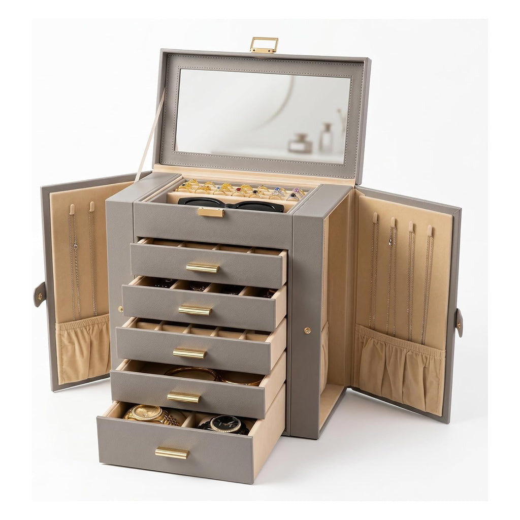 GZJSLOVE gray jewelry box with mirror and additional drawer storage