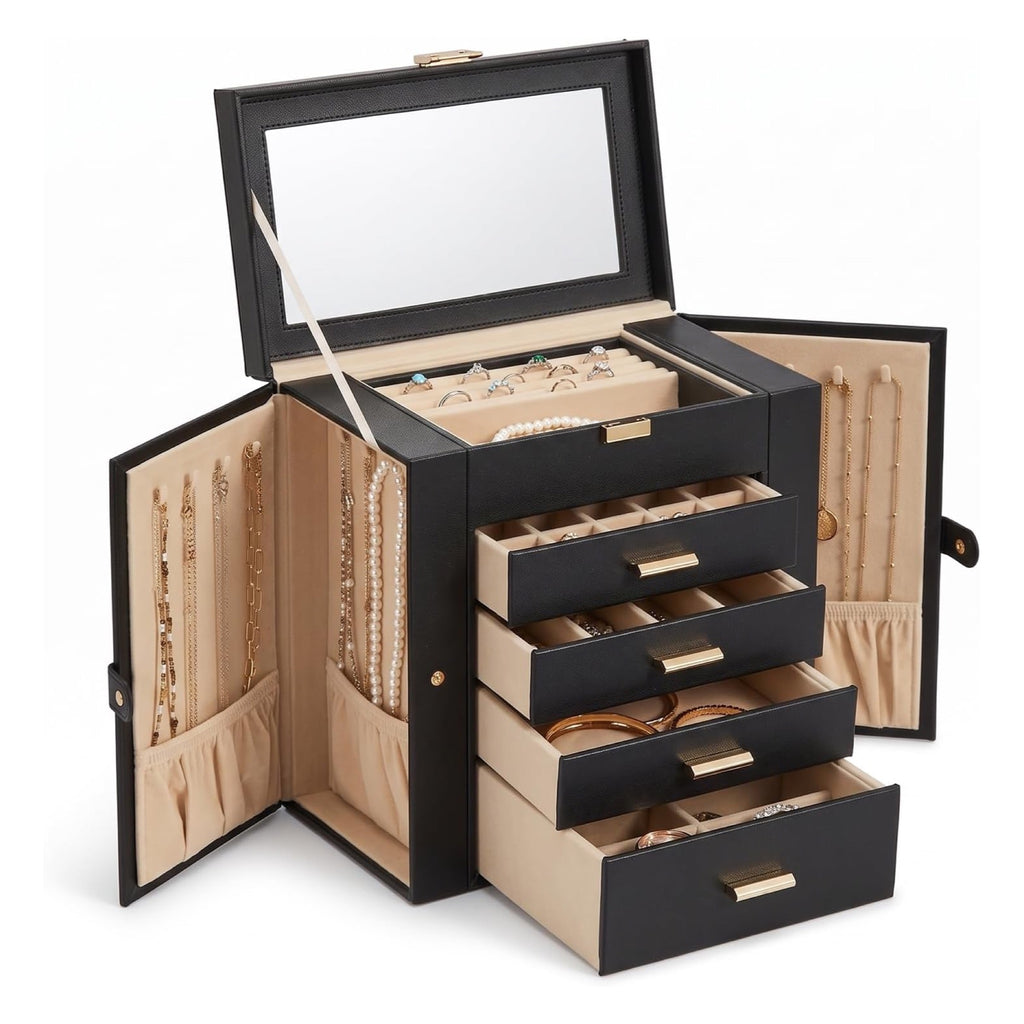 GZJSLOVE black jewelry box with mirror and open drawers