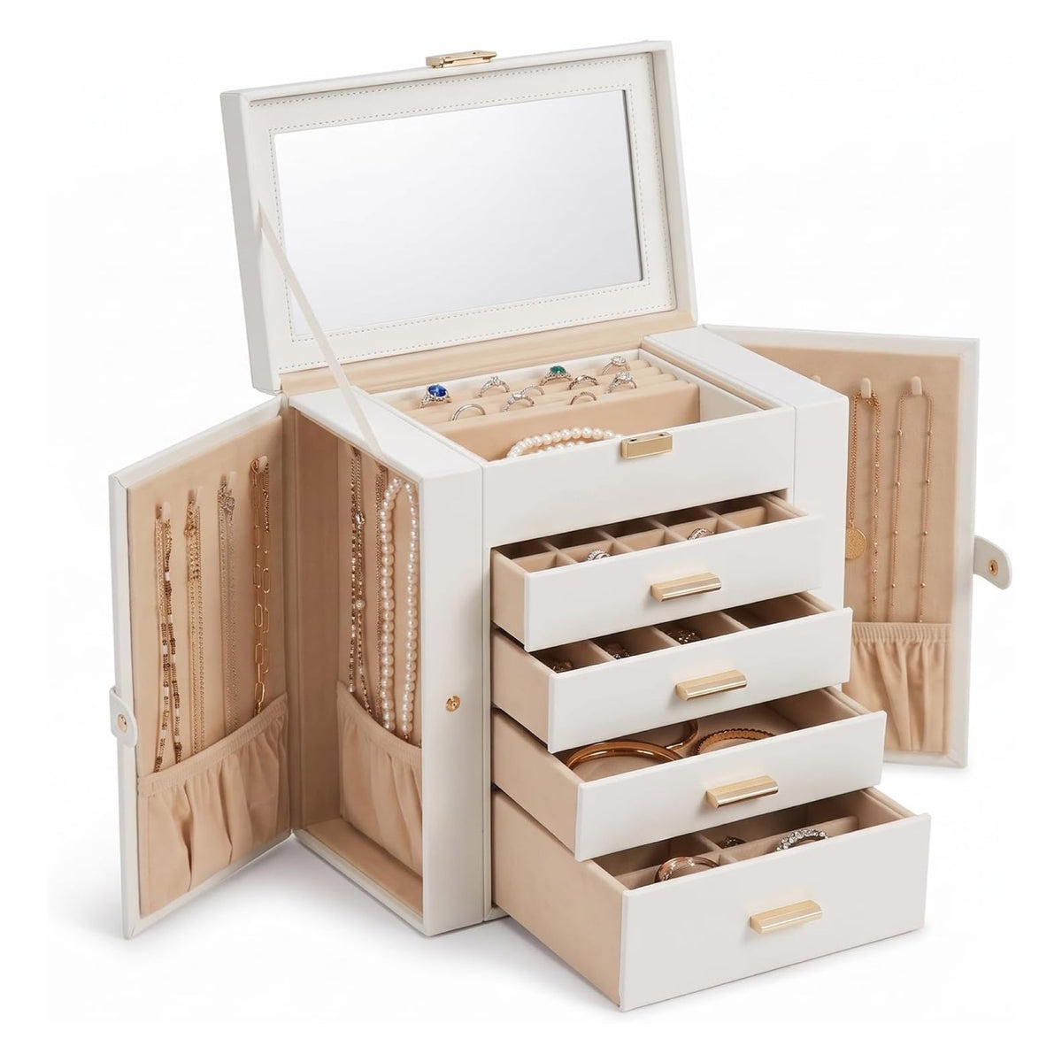 GZJSLOVE white jewelry box with mirror and side necklace storage