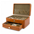 Double-tier wooden jewelry box with lid and drawer open
