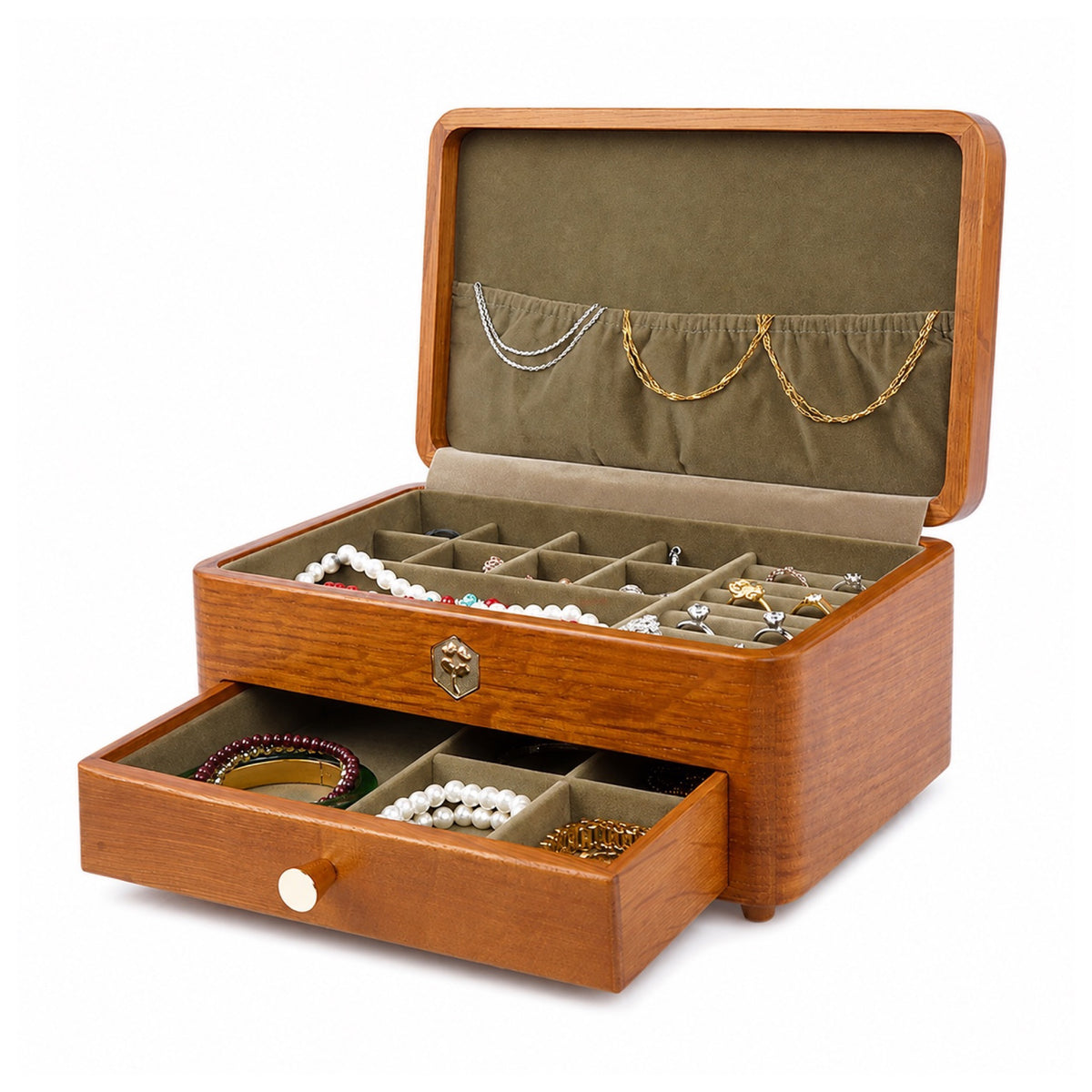 Double-tier wooden jewelry box with lid and drawer open