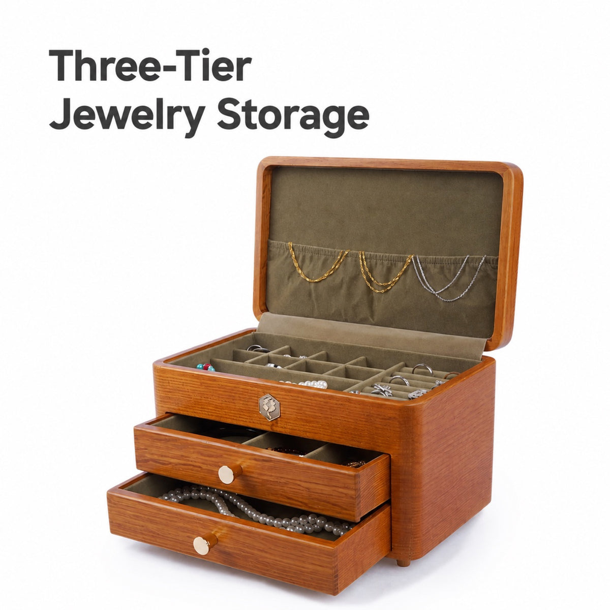 Three-tier jewelry box with two open drawers