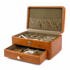 Double-tier wooden jewelry box with lid and drawer open