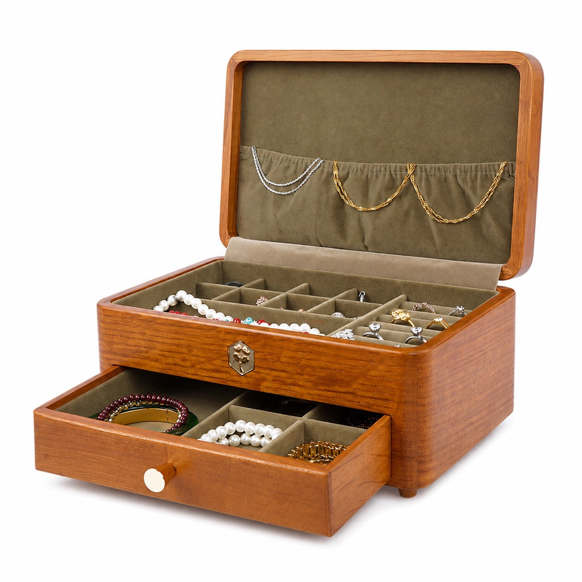 Double-tier wooden jewelry box with lid and drawer open
