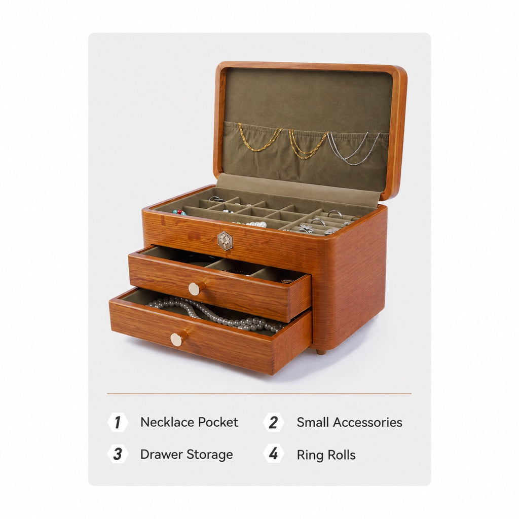 Three-tier jewelry box with necklace pocket and ring storage