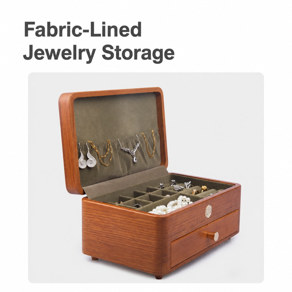 Fabric-lined jewelry box with open lid and drawer
