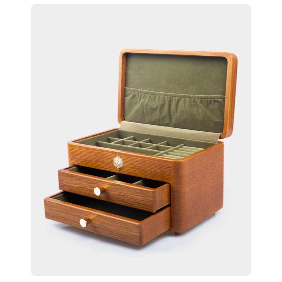 Open three-tier jewelry box with two drawers